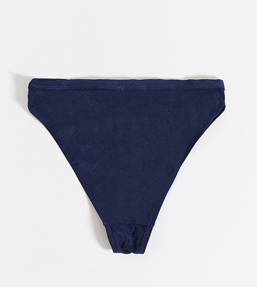 Wolf & Whistle fuller bust exclusive eco high leg buckle bikini bottom in navy-blue