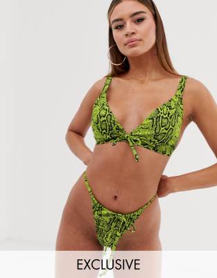 Wolf & Whistle Fuller Bust Exclusive Eco triangle bikini top in lime snake D - F Cup-Green