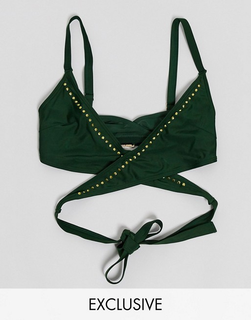 Wolf & Whistle Fuller Bust Exclusive wrap around stud bikini top in green - MGREEN