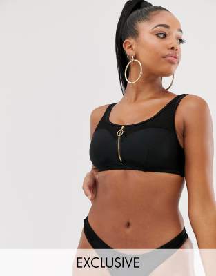 black zip front crop top