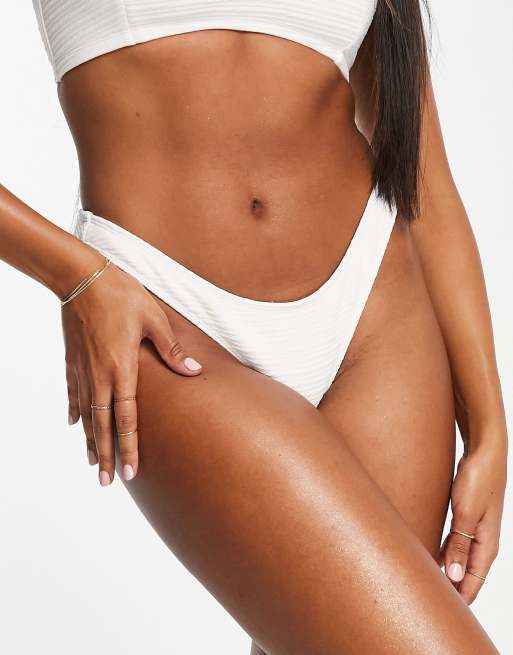 Wolf & Whistle Fuller Bust Exclusive high leg bikini bottom in white textured rib, 4 of 4