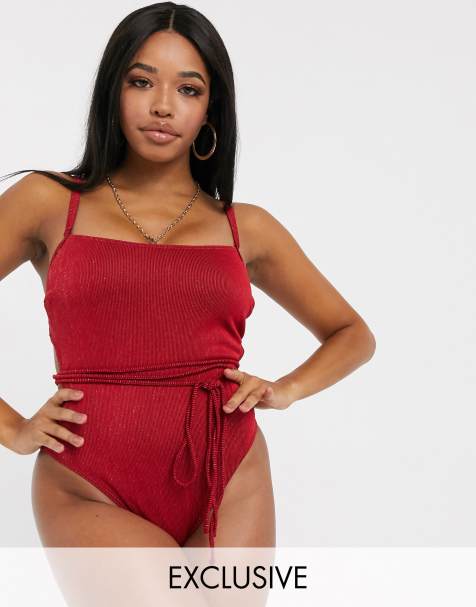 Wolf & Whistle Fuller Bust Exclusive high leg swimsuit with waist ties in red glitter rib D-F