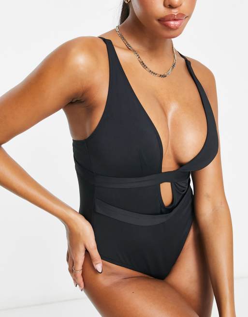 Wolf & Whistle Fuller Bust Exclusive strappy plunge swimsuit in black, 4 of 4