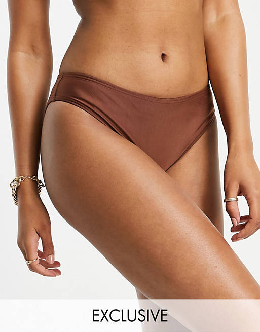 Wolf & Whistle Fuller Bust Exclusive V high leg bikini bottom in chocolate