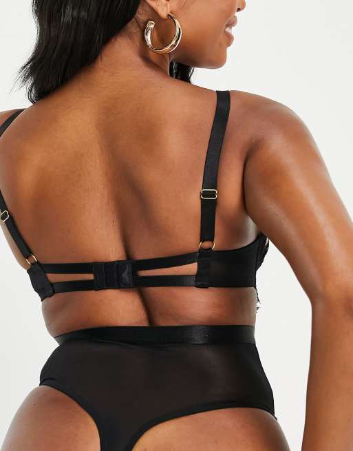Wolf & Whistle Fuller Bust lace and mesh strappy body in black, 2 of 4