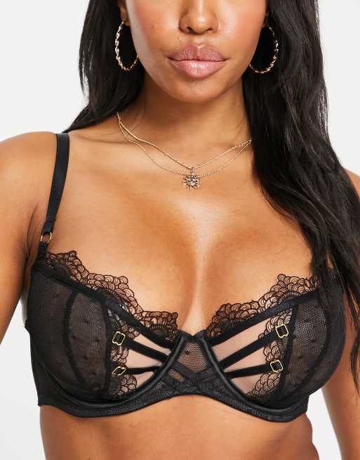 Wolf And Whistle Fuller Bust Lace And Spot Mesh Bra With Strapping Detail In Black Asos 