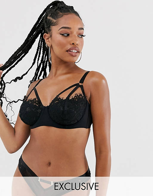 Wolf & Whistle Fuller Bust lace detail strappy balconette bra in black