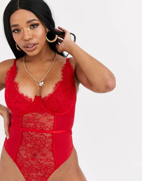 Wolf & Whistle Fuller Bust – Roter Bodysuit mit sichtbarem Bügel, hohem Trägeransatz und Spitze