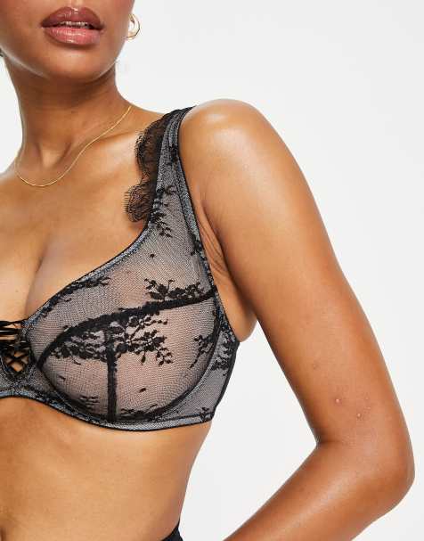 Wolf & Whistle Fuller Bust sheer floral lace up bra in black