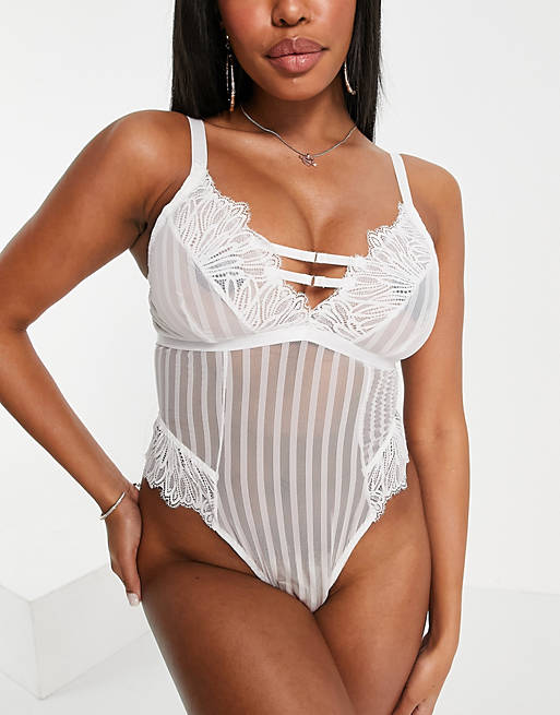Wolf & Whistle Fuller Bust stripe mesh lace body with strappy cut out detail in white
