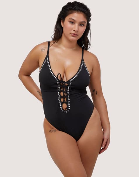 Wolf & Whistle Fuller bust studded lace-up swimsuit in black - view 1
