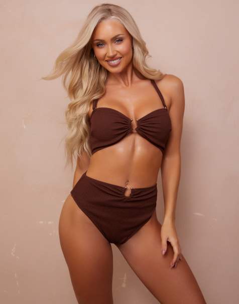 Wolf & Whistle Fuller Bust x Abby Benson – Brązowa marszczona góra od bikini z elementem w złotym kolorze - view 1