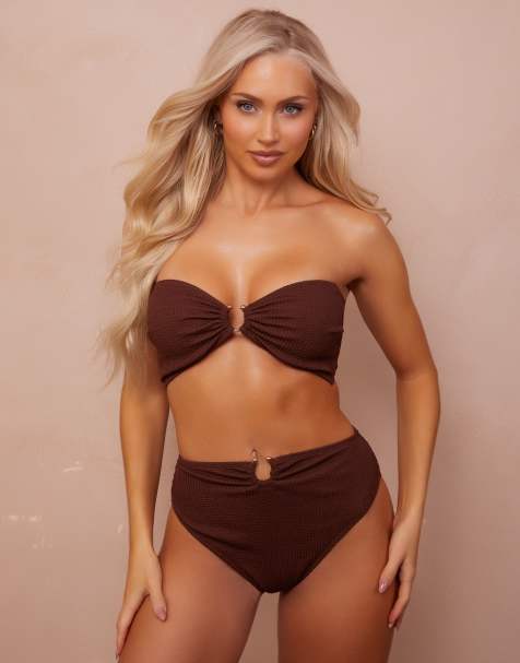 Wolf & Whistle Fuller Bust x Abby Benson high waist bikini bottom with gold trim detail in brown crinkle