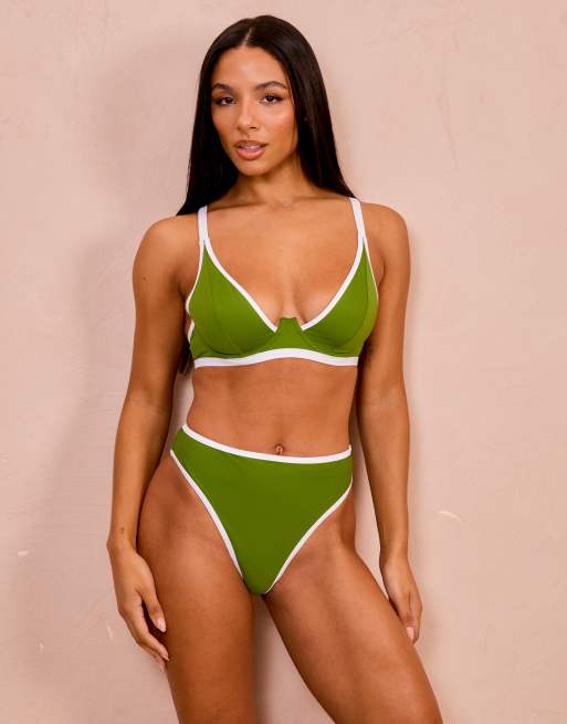 Wolf & Whistle Fuller Bust X Georgia Bayliss underwire bikini top with contrast trim in mid green, 4 of 4