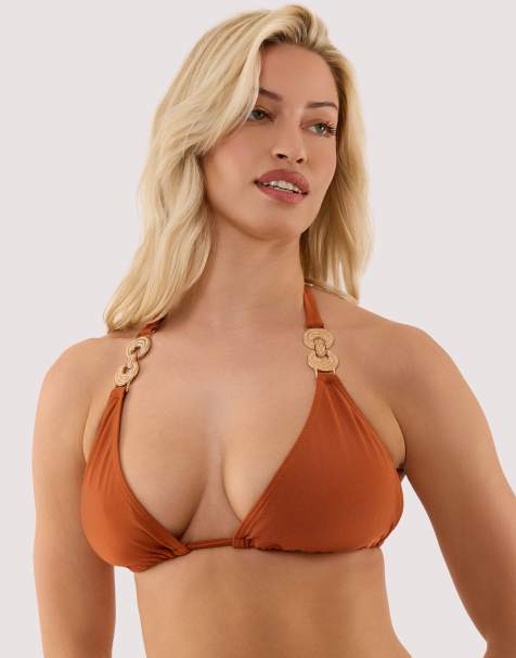 Wolf & Whistle Georgia high shine fuller bust triangle bikini top with hardwear in brown