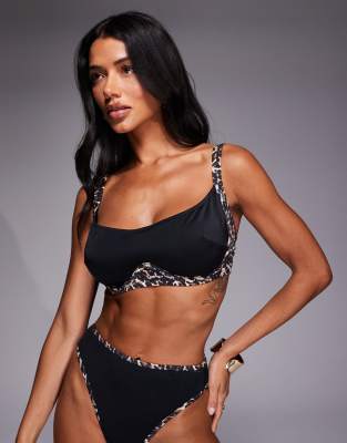 Wolf & Whistle Hidden Underwire Bikini Top With Leopard Contrast In Black