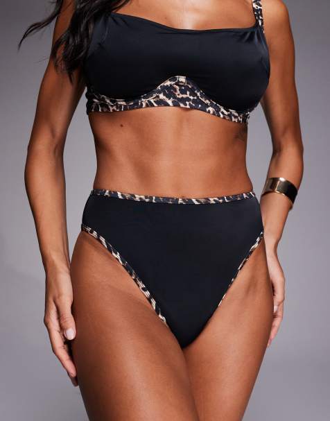 Wolf & Whistle high waist bikini bottom with leopard contrast seam in black