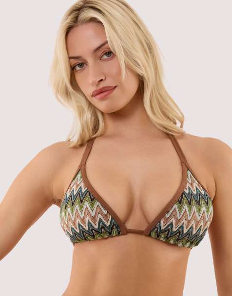 Wolf & Whistle Jara knitted chevron fuller bust bikini top in khaki - view 1