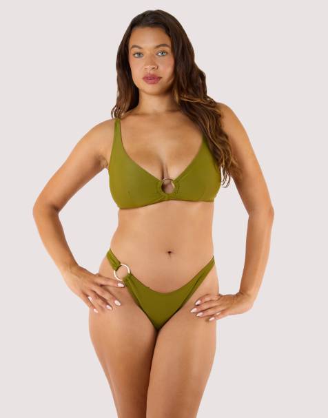 Wolf & Whistle Kalahari bikini brief with gold ring in khaki - view 1