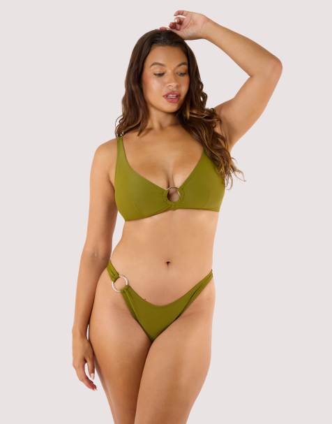 Wolf & Whistle Kalahari high shine bikini top with gold ring in khaki - view 1