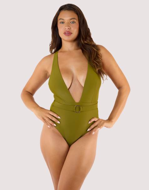 Wolf & Whistle Kalahari plunge swimsuit in khaki - view 1