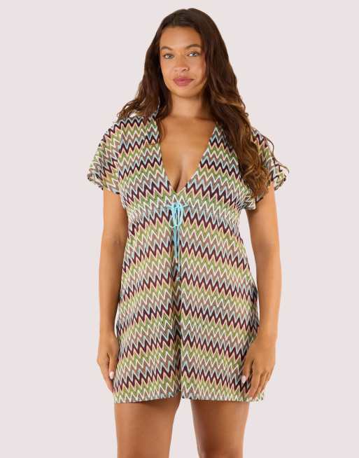 Wolf & Whistle Kalahari zig zag crochet beach kaftan in khaki, 3 of 4