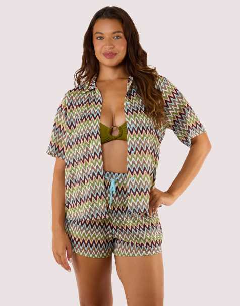 Wolf & Whistle Kalahari zig zag crochet beach shirt in khaki - view 1