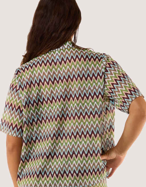 Wolf & Whistle Kalahari zig zag crochet beach shirt in khaki, 2 of 4