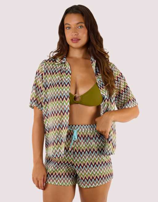 Wolf & Whistle Kalahari zig zag crochet beach shirt in khaki, 3 of 4