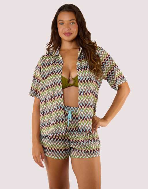 Wolf & Whistle Kalahari zig zag crochet beach shirt in khaki, 4 of 4