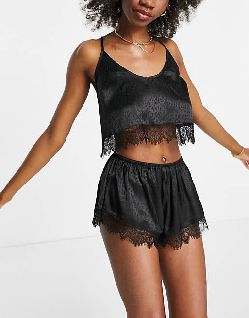 Wolf & Whistle lace and satin crop cami and short pyjama set with open back in black