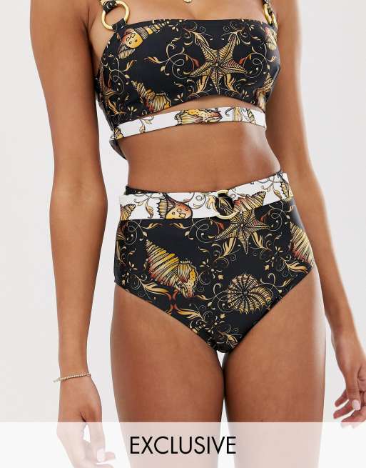 Wolf & Whistle – Majtki bikini z wysokim stanem z ozodbnym paskiem i ze wzorem – do nabycia wyłącznie w ASOS!