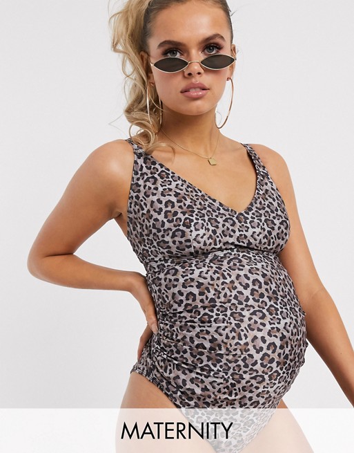 Wolf & Whistle Maternity Exclusive Eco wrap front swimsuit in animal D-F