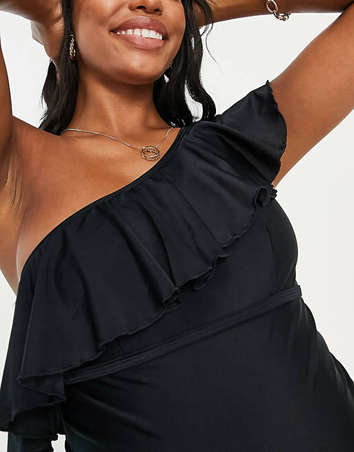  Wolf & Whistle Maternity Exclusive one shoulder frill swimsuit in black 