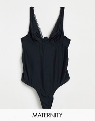 Wolf & Whistle Maternity Exclusive swimsuit with lace trim detail in black
