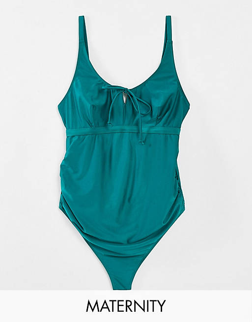 Women Wolf & Whistle Maternity Exclusive swimsuit with tie detail in green 