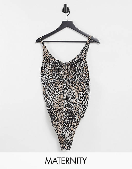  Wolf & Whistle Maternity Exclusive swimsuit with tie detail in leopard print 
