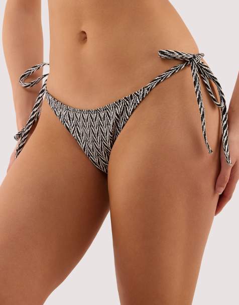 Wolf & Whistle Misqua textured tie side bikini brief in black & white