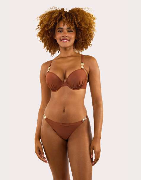 Wolf & Whistle Morgan glitter mix & match fuller bust plunge bikini top in bronze - view 1