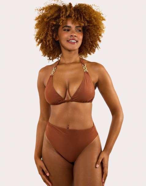 Wolf & Whistle Morgan glitter mix & match triangle bikini top in bronze - view 1