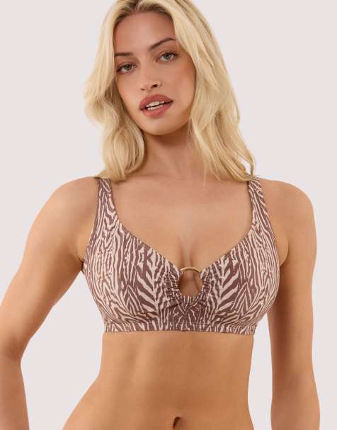 Wolf & Whistle Raquel tiger print crop bikini top with tortoise shell ring in tiger print