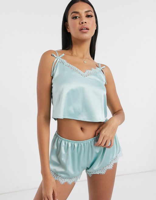 Wolf & Whistle satin lace trim cami and short set in mint | ASOS