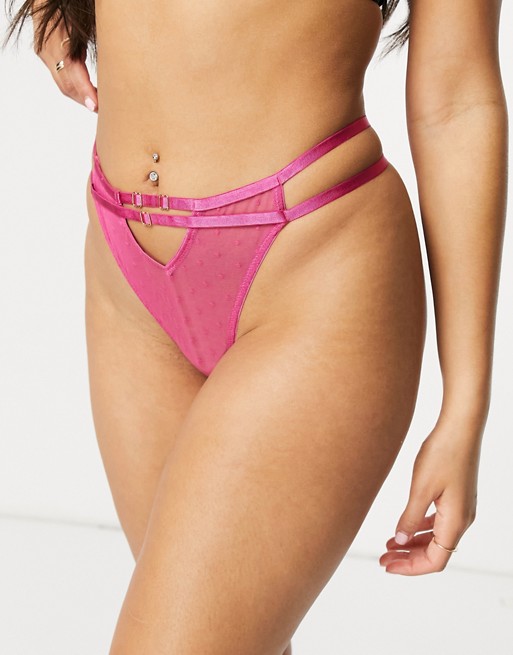 Wolf & Whistle sheer spot mesh high waist thong with strapping detail in fuschia