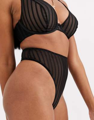 Wolf & Whistle sheer velvet mesh high waisted thong-Black