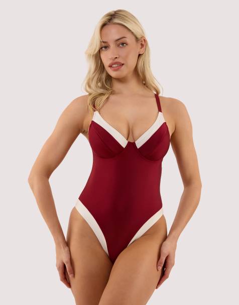 Wolf & Whistle Stasia fuller bust underwired swimsuit in wine & ivory - view 1