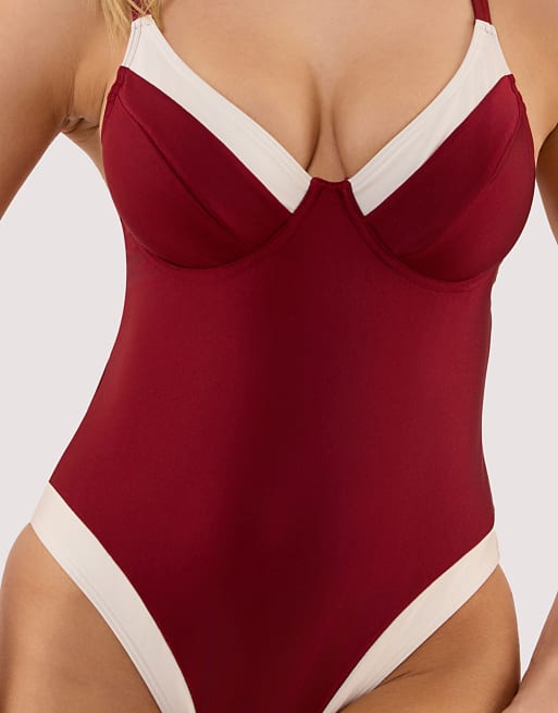 Wolf & Whistle Stasia fuller bust underwired swimsuit in wine & ivory, 3 of 4