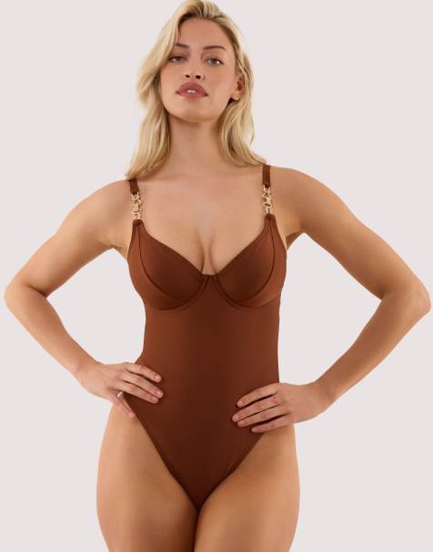 Wolf & Whistle Tamzin chocolate brown underwired swimsuit with hardwear in brown - view 1