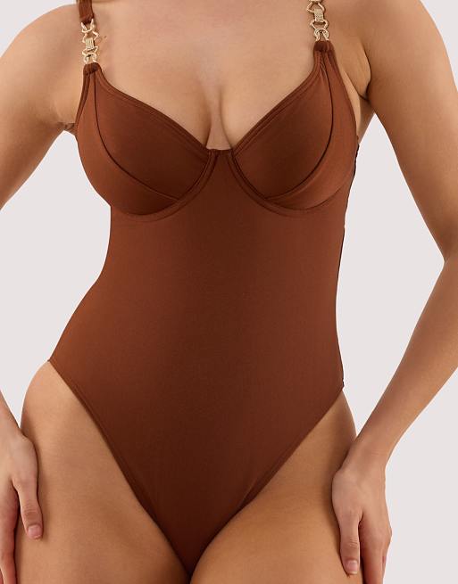 Wolf & Whistle Tamzin chocolate brown underwired swimsuit with hardwear in brown, 3 of 4