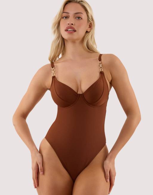 Wolf & Whistle Tamzin chocolate brown underwired swimsuit with hardwear in brown, 4 of 4
