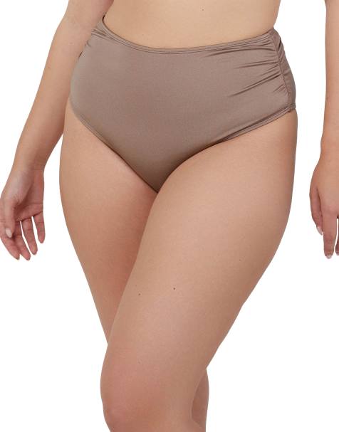 Wolf & Whistle Taupe neutral high waist high leg ruched bikini bottom in taupe - view 1